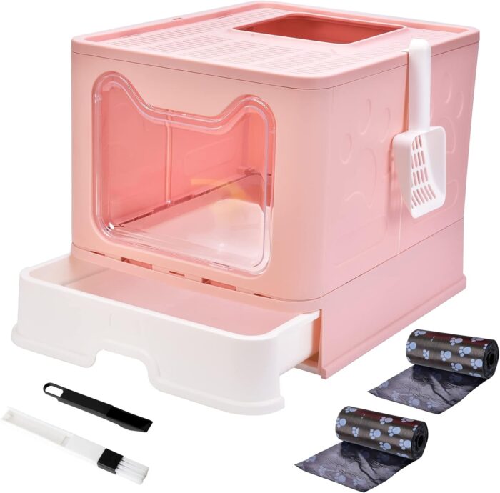 Cat Litter Box with Lid, Top Entry Cat Litter Box Pan, Enclosed Cat Potty, Anti-Splashing Cat Toilet, Foldable Litter Box Large Covered Cat Supplies with Scoop Brush and Garbage Bag - Image 7