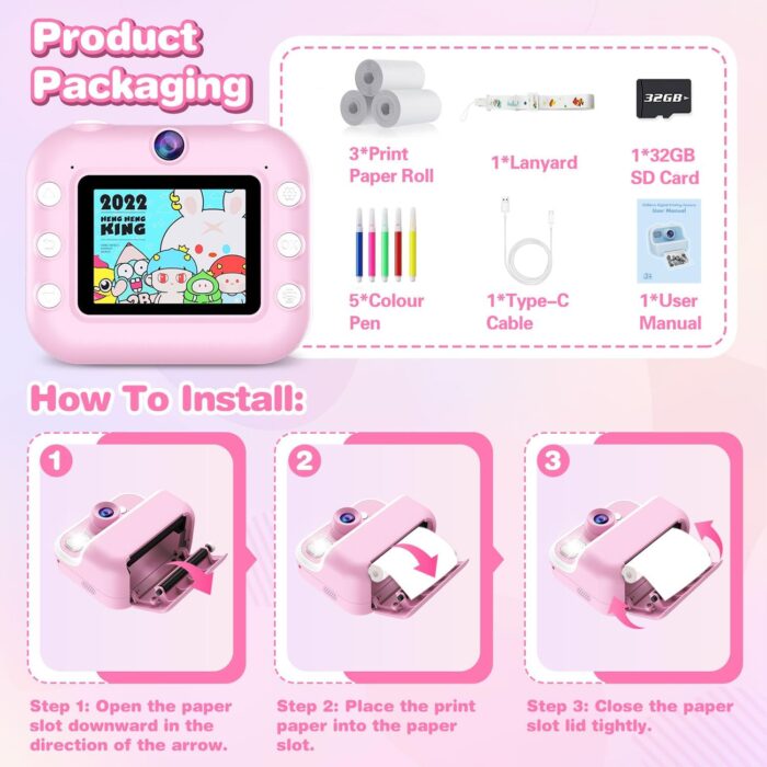 Kids Camera Instant Print Toys for Girls Age 5-12, 1080P Instant Camera for Kids with Print Selfie Photos, Christmas Birthday Gifts for Girls Age 4 5 6 7 8 9 10 Year Old-32GB Pink - Image 3
