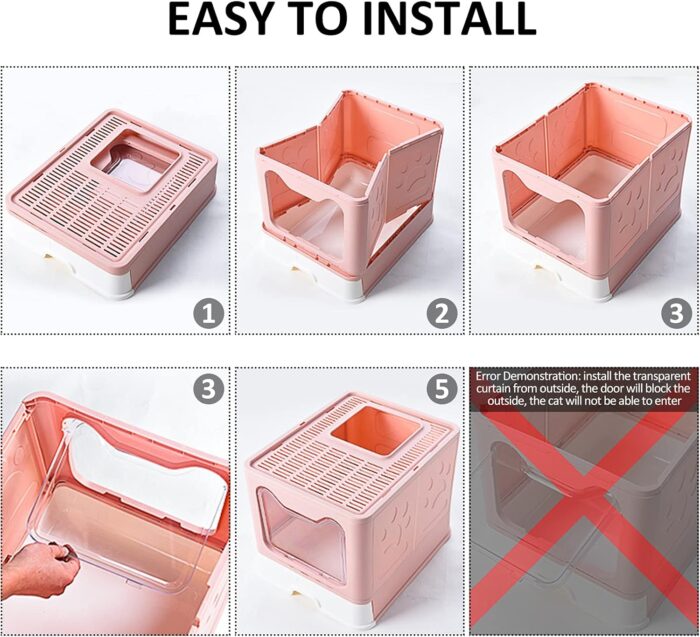 Cat Litter Box with Lid, Top Entry Cat Litter Box Pan, Enclosed Cat Potty, Anti-Splashing Cat Toilet, Foldable Litter Box Large Covered Cat Supplies with Scoop Brush and Garbage Bag - Image 6