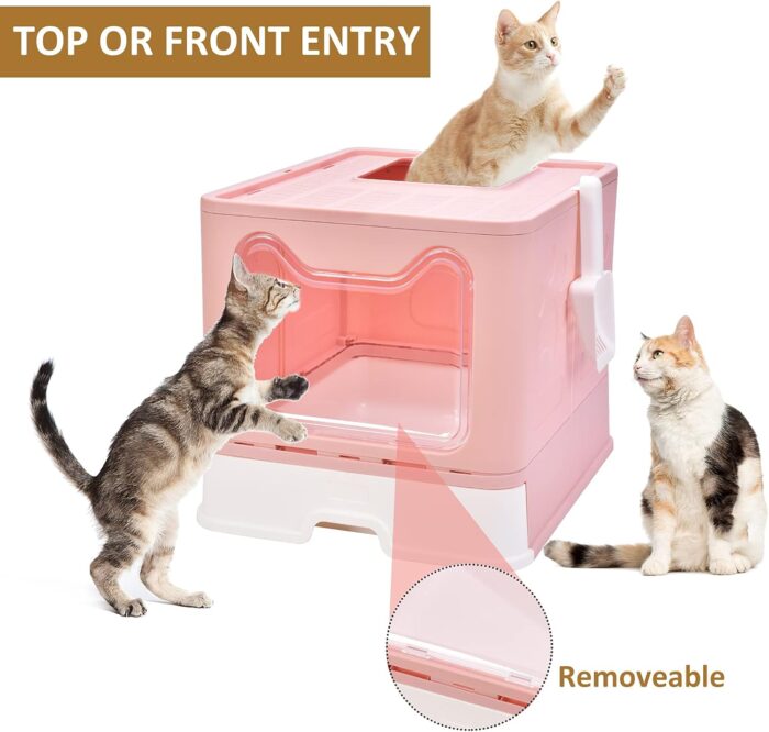 Cat Litter Box with Lid, Top Entry Cat Litter Box Pan, Enclosed Cat Potty, Anti-Splashing Cat Toilet, Foldable Litter Box Large Covered Cat Supplies with Scoop Brush and Garbage Bag - Image 5