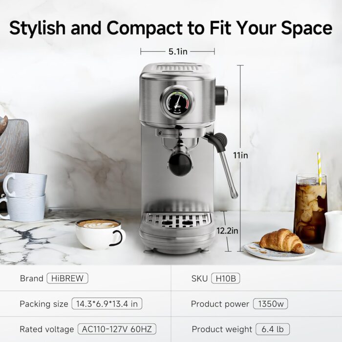 HIBREW H10B - 51mm Espresso Machine - Temperature & Cup Volume Adjustable at will - With Intelligent Display Screen & Pressure Gauge - Stainless Steel Body - Image 5