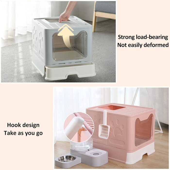 Cat Litter Box with Lid, Top Entry Cat Litter Box Pan, Enclosed Cat Potty, Anti-Splashing Cat Toilet, Foldable Litter Box Large Covered Cat Supplies with Scoop Brush and Garbage Bag - Image 4