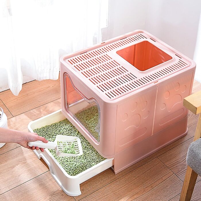 Cat Litter Box with Lid, Top Entry Cat Litter Box Pan, Enclosed Cat Potty, Anti-Splashing Cat Toilet, Foldable Litter Box Large Covered Cat Supplies with Scoop Brush and Garbage Bag - Image 2