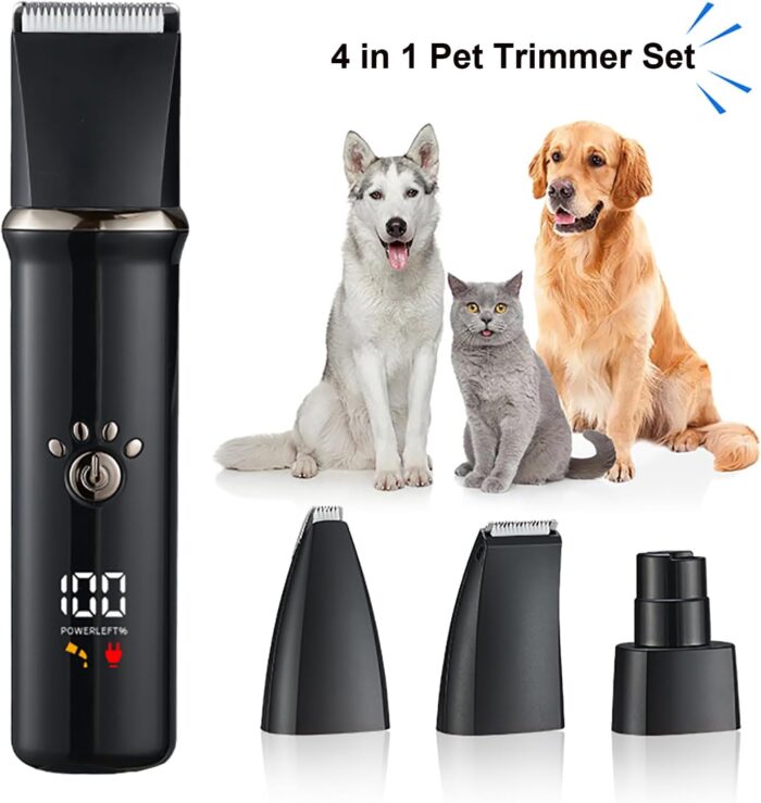 4-in-1 Dog Grooming Clippers Kit, Cordless Rechargeable Low Noise Shaver Grooming Supplies, Waterproof and Washable Pet Trimmer Set with Paw Trimmer for Dog Pets (Grey) - Image 7