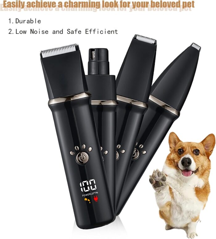 4-in-1 Dog Grooming Clippers Kit, Cordless Rechargeable Low Noise Shaver Grooming Supplies, Waterproof and Washable Pet Trimmer Set with Paw Trimmer for Dog Pets (Grey) - Image 3