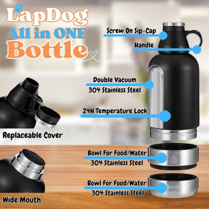 Lapdog Portable Dog Water Bottle & Food Bowls, All-in-One Accessories for Walking, Hiking, Beach- Double Walled, Insulated, Stainless Steel Water Dispenser (Black, Without Neoprene Bag) - Image 2