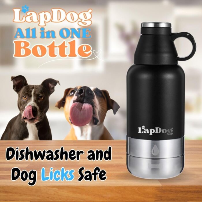 Lapdog Portable Dog Water Bottle & Food Bowls, All-in-One Accessories for Walking, Hiking, Beach- Double Walled, Insulated, Stainless Steel Water Dispenser (Black, Without Neoprene Bag) - Image 6