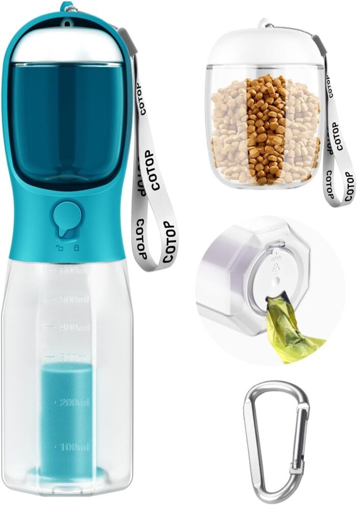 20oz Dog Water Bottle with Food Container & Poop Bag Dispenser | Leak-Proof Portable Pet Water Dispenser with Carabiner Clip | for Walking, Hiking, Travel (Cyan, 20oz)