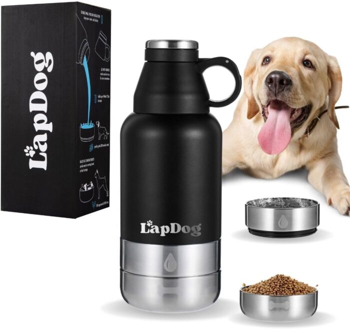 Lapdog Portable Dog Water Bottle & Food Bowls, All-in-One Accessories for Walking, Hiking, Beach- Double Walled, Insulated, Stainless Steel Water Dispenser (Black, Without Neoprene Bag)