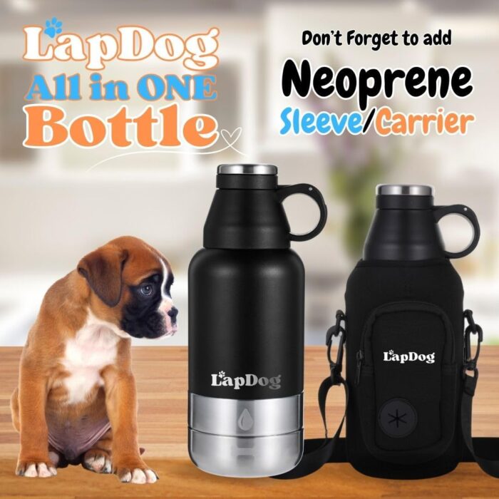 Lapdog Portable Dog Water Bottle & Food Bowls, All-in-One Accessories for Walking, Hiking, Beach- Double Walled, Insulated, Stainless Steel Water Dispenser (Black, Without Neoprene Bag) - Image 4