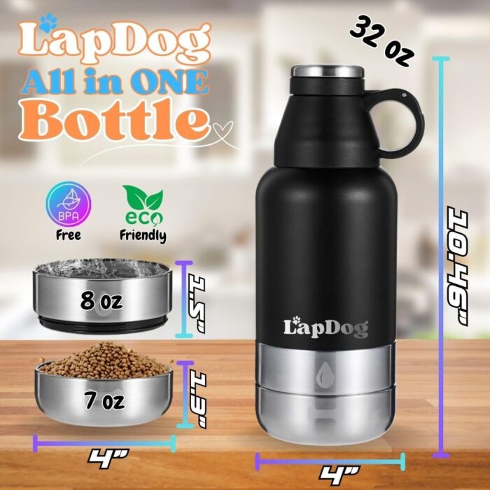 Lapdog Portable Dog Water Bottle & Food Bowls, All-in-One Accessories for Walking, Hiking, Beach- Double Walled, Insulated, Stainless Steel Water Dispenser (Black, Without Neoprene Bag) - Image 5