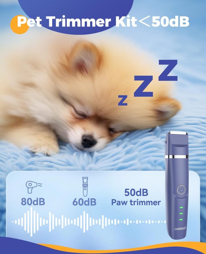 Oneisall 4-in-1 Cordless Dog Grooming Kit with 2-Speed Clippers, Low Noise Paw Trimmer & Rechargeable Quiet Nail Grinder for Dogs and Cats （Blue） - Image 2