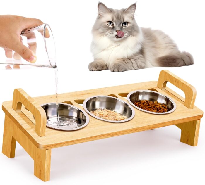 Elevated Cat Food Bowl, 3 Stainless Steel Raised Cat Bowls with Stand, 15°Tilted Cat Bowl for Indoor Cats, Cat Food and Water Bowl Set, Anti Vomitting, Whisker Fatigue and Dishwasher Safe - Natural