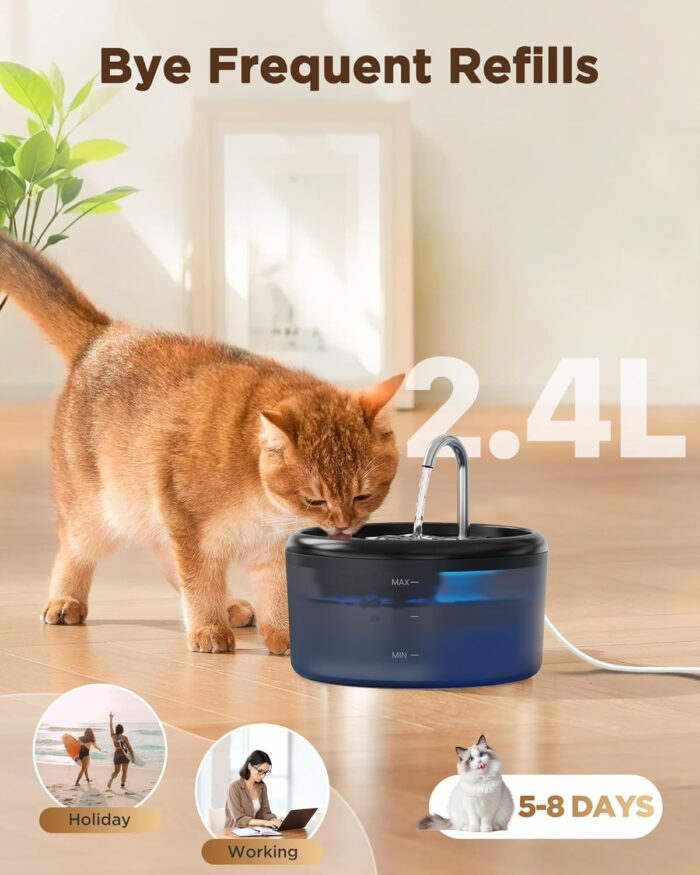 Cat Water Fountain for Cats Indoor: 80oz/2.4L Cat Fountains for Drinking - Quiet Pet Watering Bowls for Cats Inside - Black Kitten Waterer Supplies - for Small and Medium Animals