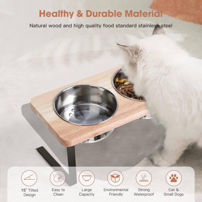 Elevated Cat Bowls, 15° Tilted Raised Cat Food Bowls Wood Pet Bowls with Stand Anti Vomiting 2 Stainless Steel Bowls for Cats and Puppy - Image 6