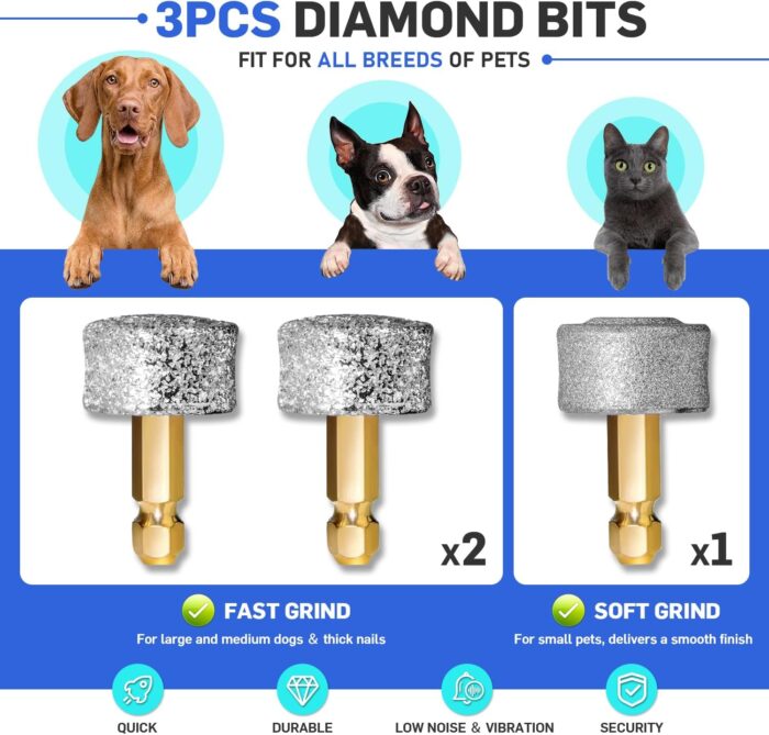 Dog Nail Grinder Super Quiet Dog Nail Trimmers 3 Grinding Wheels 3 Speed Rechargeable Pet Nail Grinder LED Display Dog Nail Clippers Kit for Large Medium Small Dogs Cats Dog Nail File Toenail Clippers - Image 6