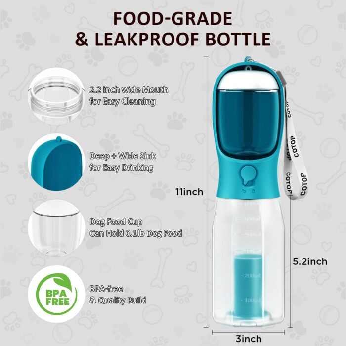 20oz Dog Water Bottle with Food Container & Poop Bag Dispenser | Leak-Proof Portable Pet Water Dispenser with Carabiner Clip | for Walking, Hiking, Travel (Cyan, 20oz) - Image 4