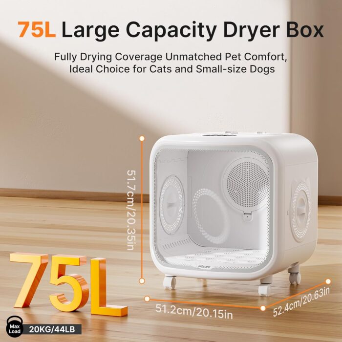 Automatic Cat Dryer Box 75L Extra Large Capacity Ultra Quiet Fast Pet Hair Drying Box Smart App Control Temperature and 360° Drying for Cats and Small Dogs - Image 5