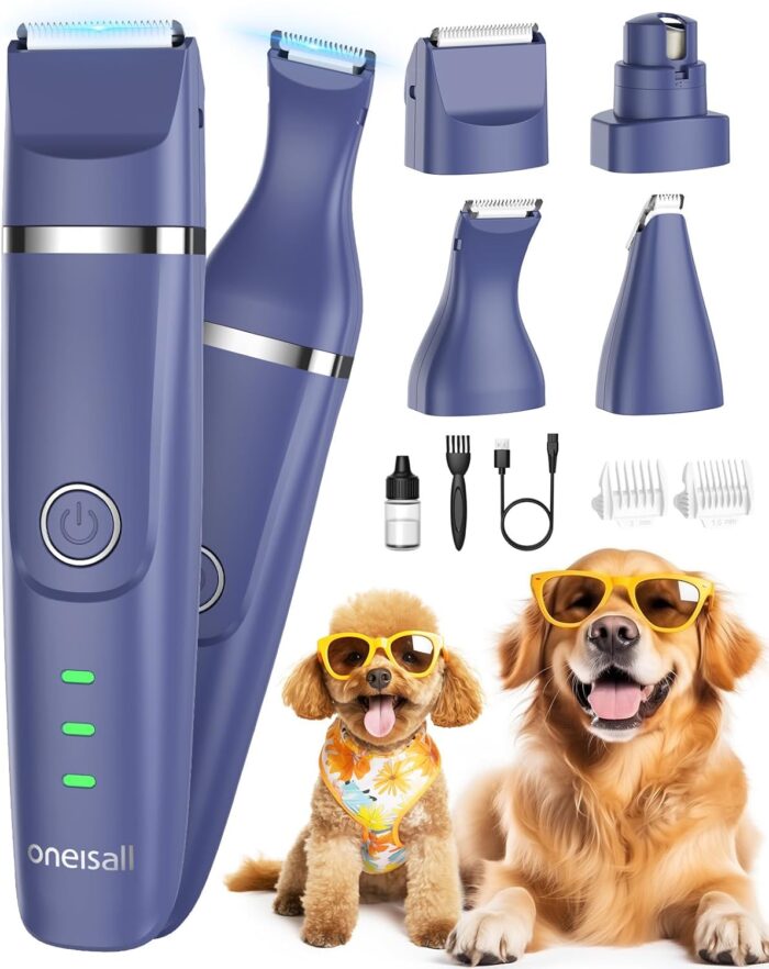 Oneisall 4-in-1 Cordless Dog Grooming Kit with 2-Speed Clippers, Low Noise Paw Trimmer & Rechargeable Quiet Nail Grinder for Dogs and Cats （Blue）