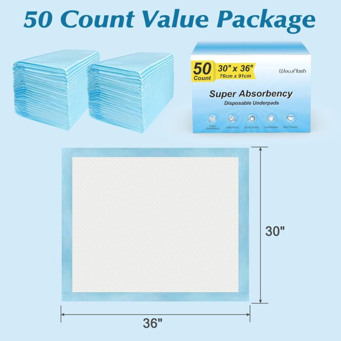 50 Count 30” x 36” Super Absorbency Disposable Underpads, Leakproof Quick Drying, Baby Puppy & Adults Bed Pads Disposable Adults, Dog Pee Pads Extra Large, XXL Incontinence Pads - Image 6