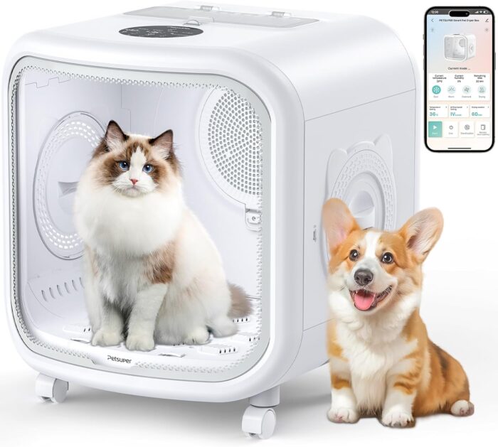 Automatic Cat Dryer Box 75L Extra Large Capacity Ultra Quiet Fast Pet Hair Drying Box Smart App Control Temperature and 360° Drying for Cats and Small Dogs