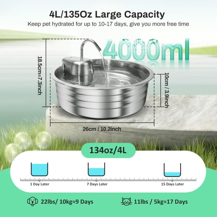 Cat Water Fountain, 4L/135OZ Stainless Steel Pet Fountain Dog Water Dispenser Bowl Cat Drinking Fountains Watering Supplies with Ultra-Quiet Pump for Cats, Dogs, Multiple Pets Indoor - Image 6