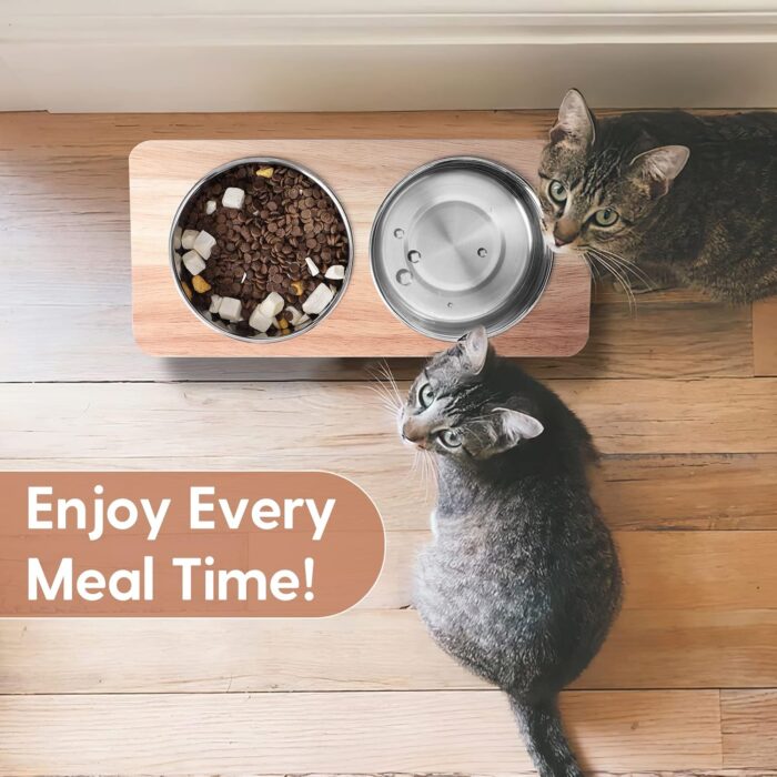 Elevated Cat Bowls, 15° Tilted Raised Cat Food Bowls Wood Pet Bowls with Stand Anti Vomiting 2 Stainless Steel Bowls for Cats and Puppy - Image 4