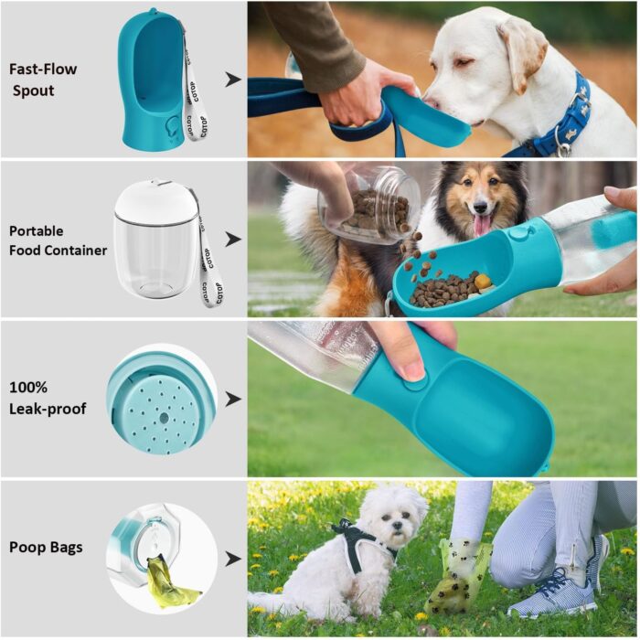 20oz Dog Water Bottle with Food Container & Poop Bag Dispenser | Leak-Proof Portable Pet Water Dispenser with Carabiner Clip | for Walking, Hiking, Travel (Cyan, 20oz) - Image 3