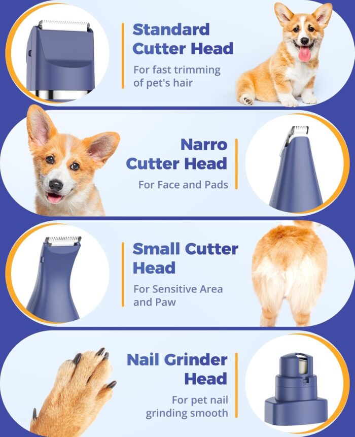 Oneisall 4-in-1 Cordless Dog Grooming Kit with 2-Speed Clippers, Low Noise Paw Trimmer & Rechargeable Quiet Nail Grinder for Dogs and Cats （Blue） - Image 4