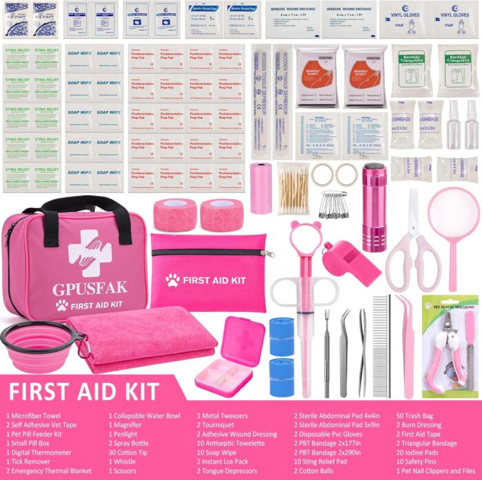 136pcs Pink Pet First Aid Kit for Dogs and Cats - Pet Emergency Kit for Camping Hiking Traveling Hunting - Image 2