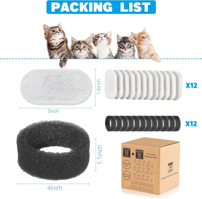 Cat Water Fountain Filters, 24 Pack Cat Fountain Filters, Cat Fountain Replacement Filters for 67oz/2L&108oz/3.2L Stainless Steel Cat Water Fountain, Pet Water Fountain Filters (12 Filters&12 Sponges) - Image 2