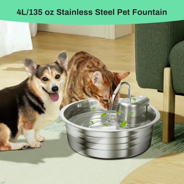 Cat Water Fountain, 4L/135OZ Stainless Steel Pet Fountain Dog Water Dispenser Bowl Cat Drinking Fountains Watering Supplies with Ultra-Quiet Pump for Cats, Dogs, Multiple Pets Indoor - Image 2