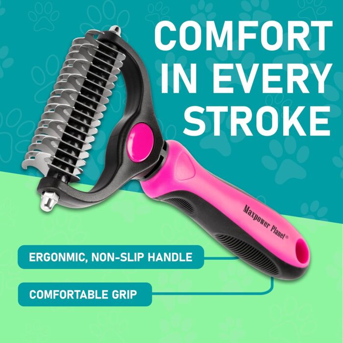 Maxpower Planet Hair Brush - Double Sided Shedding, Dematting Undercoat Rake for Dogs, Cats - Extra Wide Dog Grooming Brush, Pink - Image 2