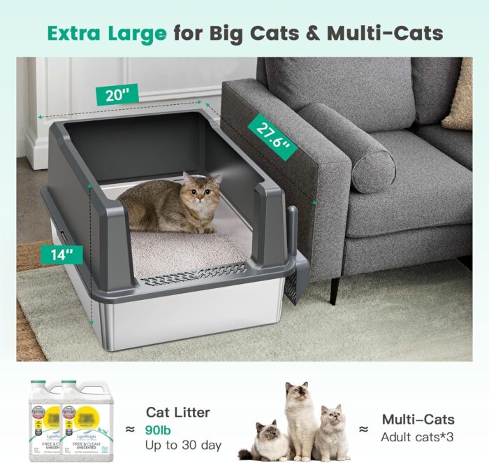 XXL Stainless Steel Cat Litter Box Extra Large 28"x20.5"x14" Metal Litter Box High Sides for Big Cats&Multiple Cats, Jumbo with lid Easy to Clean, No Odor, Anti-Urine Leakage, Non-Sticky - Image 3