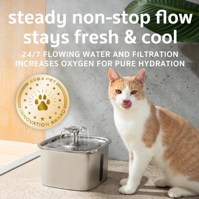 Veken Innovation Award Winner Stainless Steel Cat Water Fountain, 95oz/2.8L Automatic Pet Fountain with 3 Replacement Filters & 3 Pre-Filter Sponges & Silicone Mat for Cats, Dogs (Silver) - Image 5