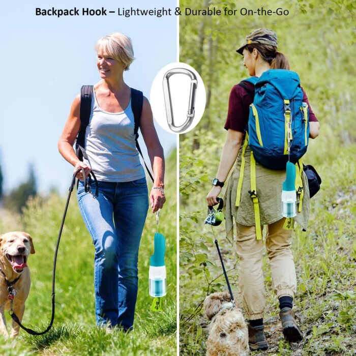 20oz Dog Water Bottle with Food Container & Poop Bag Dispenser | Leak-Proof Portable Pet Water Dispenser with Carabiner Clip | for Walking, Hiking, Travel (Cyan, 20oz) - Image 2
