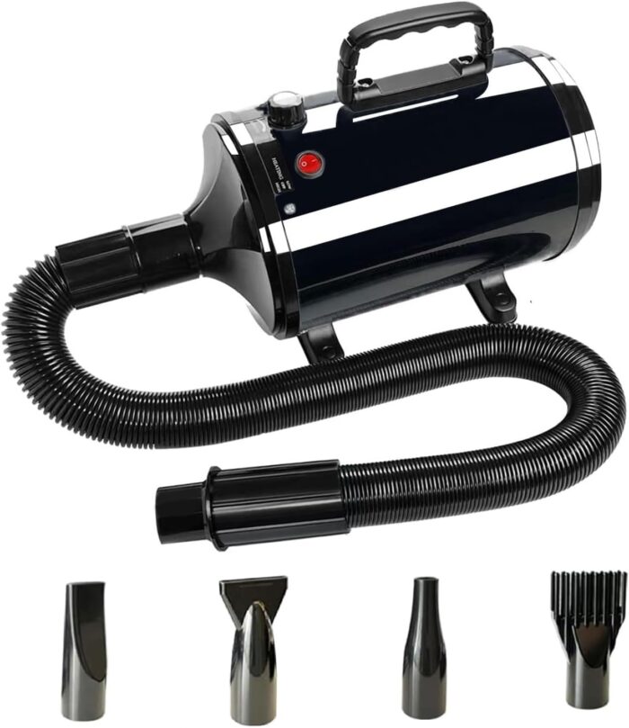 Dog Dryer for Pet Grooming, High-Velocity Force Blow Dryer, Speed Temperature Adjustable Dog Blower Grooming Dryer with 4 Nozzles