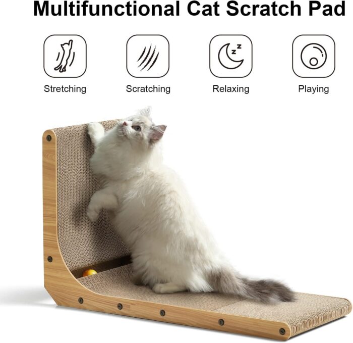 FUKUMARU Cat Scratcher, 26.8 Inch L Shape Cat Scratch Pad Wall Mounted, Cat Scratching Cardboard with Ball Toy for Indoor Cats, Large Size - Image 7