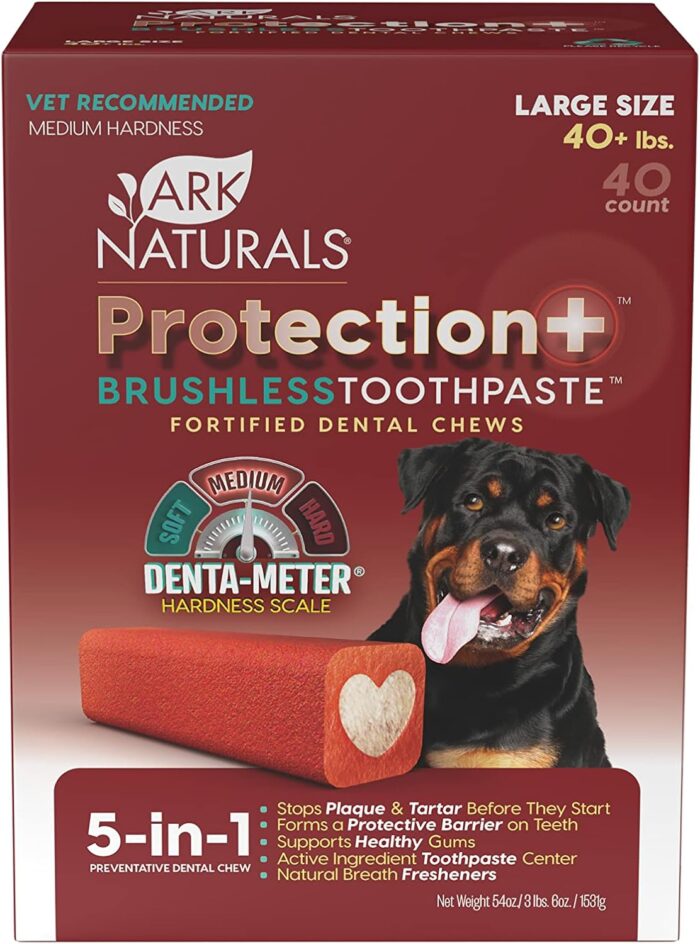 Ark Naturals Protection+ Brushless Toothpaste, Dog Dental Chews for Large Breeds, Prevents Plaque & Tartar, Freshens Breath, 54oz, 1 Pack, Red, 54 Ounce (Pack of 1)Brand	ARK NATURALS Flavor	Large Breed Age Range (Description)	Adult Item Form	Paste Material Type Free	Soy Free, Wheat Free, Corn Free
