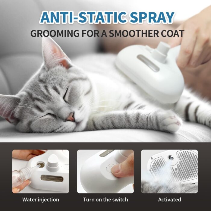 3 In 1 Self Cleaning Steamy Pet Brush - Anti-Static, Grooming Tool for Long and Short Hair Pets, Removes Loose Hair and Reduces Shedding, White - Image 2