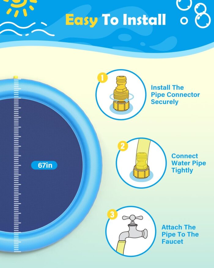 Peteast Splash Pad for Dogs & Kids - Anti-Slip Dog Pool for Large Dogs, 0.58 mm Thickened Durable Outdoor Water Play Mat, Summer Sprinkler Toy for Backyard (67in, Blue) - Image 7