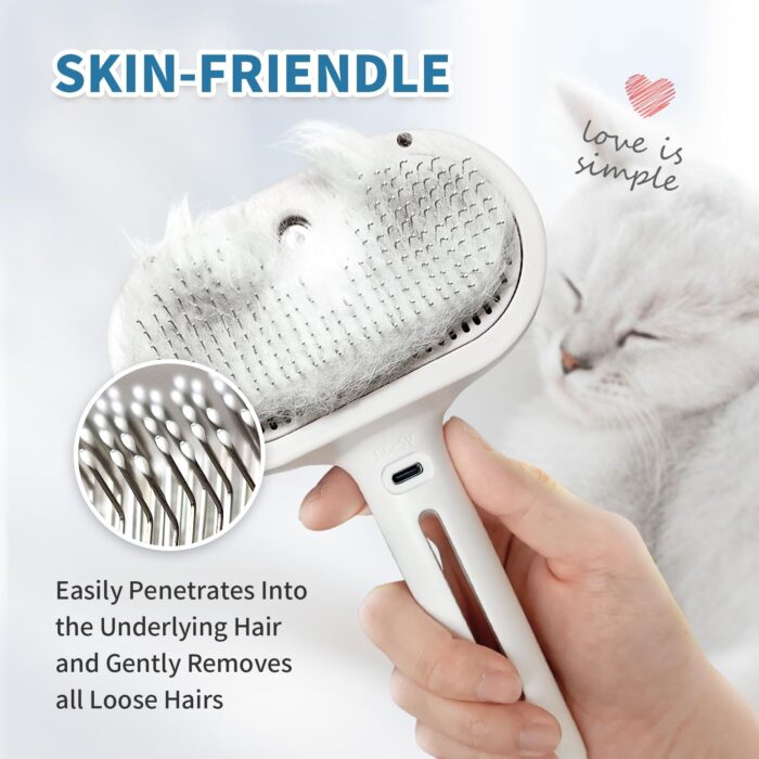 3 In 1 Self Cleaning Steamy Pet Brush - Anti-Static, Grooming Tool for Long and Short Hair Pets, Removes Loose Hair and Reduces Shedding, White - Image 4