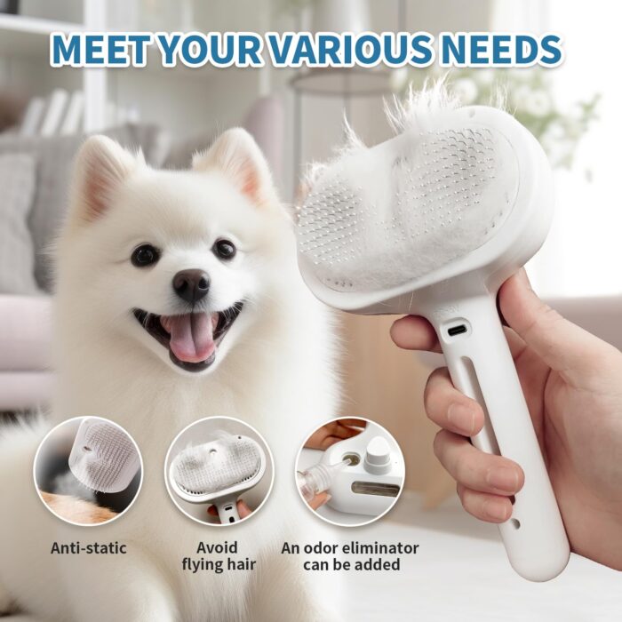 3 In 1 Self Cleaning Steamy Pet Brush - Anti-Static, Grooming Tool for Long and Short Hair Pets, Removes Loose Hair and Reduces Shedding, White - Image 3