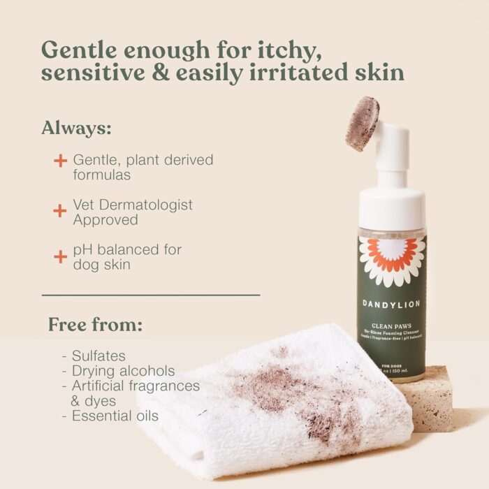 Dandylion Clean Paws | No-Rinse Dog Paw Cleaner & Puppy Paw Washer | Gentle, Fragrance-Free, pH Balanced Foaming Cleanser with Silicone Bristle Brush | Safe for All Dogs | 5 fl oz - Image 7