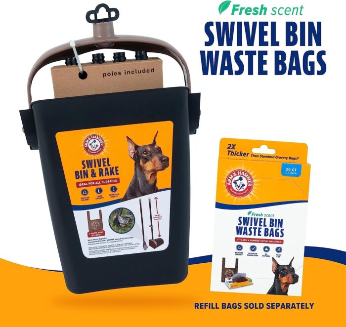 Arm & Hammer Dog Pooper Scooper Swivel Bin & Rake, Poop Scoop for Dogs, Black (2 Heavy Duty Scented Waste Bags Included) - Image 5