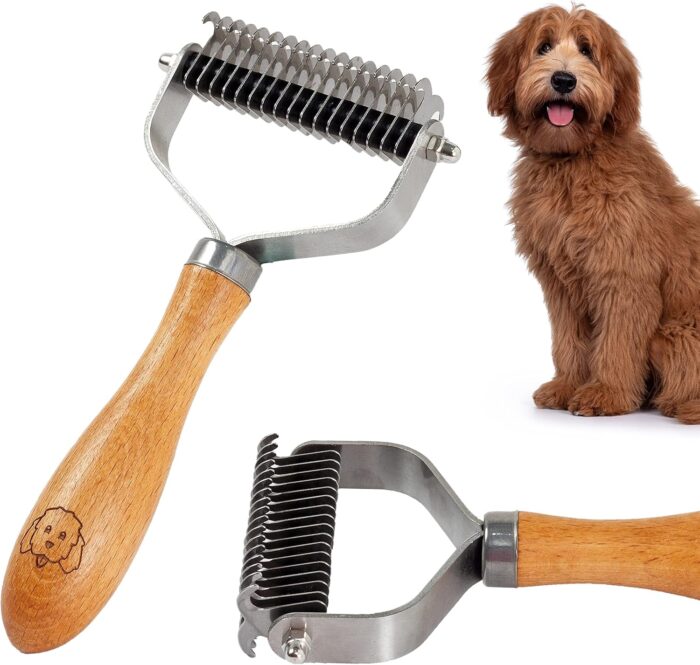 Pet Dematting Comb for Dogs and Cats with Wood Handle, Deshedding Undercoat Rake for Dogs with Stainless Steel Blades, Dog Comb for Detangling Thinning and Shedding, All Hair Types [We Love Doodles]