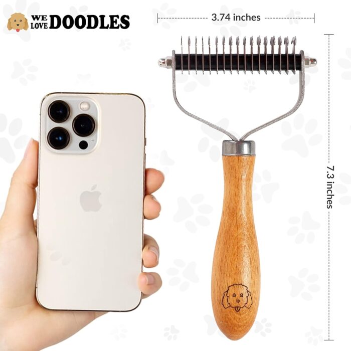 Pet Dematting Comb for Dogs and Cats with Wood Handle, Deshedding Undercoat Rake for Dogs with Stainless Steel Blades, Dog Comb for Detangling Thinning and Shedding, All Hair Types [We Love Doodles] - Image 2