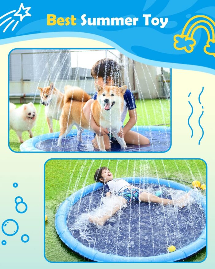 Peteast Splash Pad for Dogs & Kids - Anti-Slip Dog Pool for Large Dogs, 0.58 mm Thickened Durable Outdoor Water Play Mat, Summer Sprinkler Toy for Backyard (67in, Blue) - Image 5