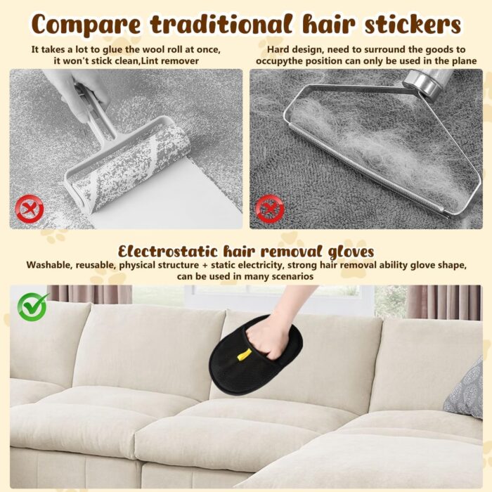 Pets Hair Remover, Pet Hair Remover, Electrostatic Pet Hair Remover, Gloves Pet Hair Removal for Cat & Dogs, Reusable Pet Hair Remover Glove (3 PCS) - Image 4