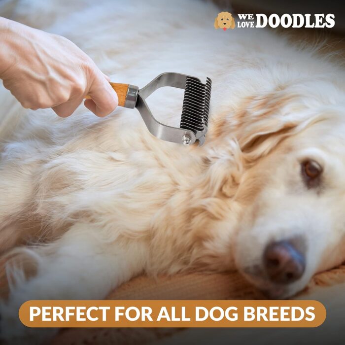 Pet Dematting Comb for Dogs and Cats with Wood Handle, Deshedding Undercoat Rake for Dogs with Stainless Steel Blades, Dog Comb for Detangling Thinning and Shedding, All Hair Types [We Love Doodles] - Image 7